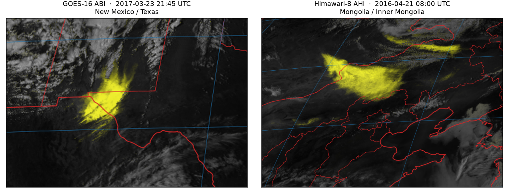 DEBRA-Dust enhanced imagery from GOES-16 ABI and Himawari-8 AHI